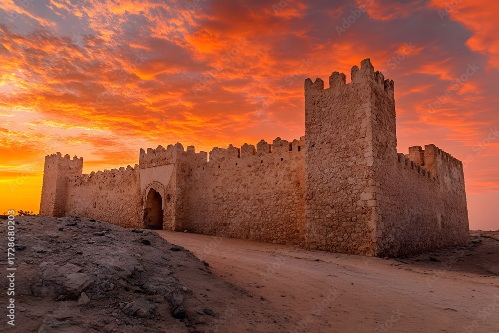 Obraz premium AI image: Majestic old fortress illuminated by a vibrant sunset sky creates a dramatic and
