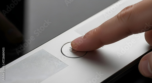Finger pressing the power button on a sleek modern laptop.
