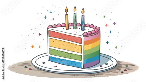 Celebratory Rainbow Cake With Three Candles For A Festive Occasion Drawn Style
