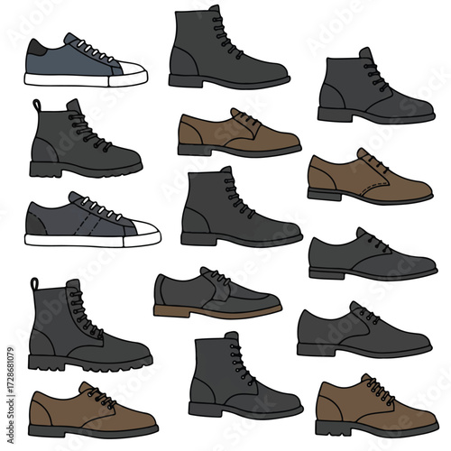A vibrant collection of fashionable men's shoes is presented in a clean flat 2D vector illustration style, arranged against a pristine plain white background.