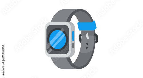 A smartwatch with a gray band and a blue screen, isolated on a white background.