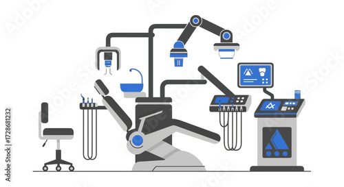 Futuristic dental clinic with robotic arm and advanced equipment illustration.