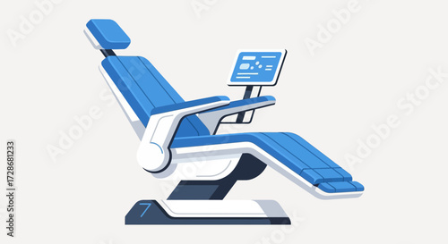 Futuristic blue and white dental chair with a monitor.