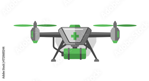 Medical drone with green cross and tank for delivering medicine.