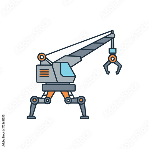 Illustration of a gray industrial crane with a claw on a white background.