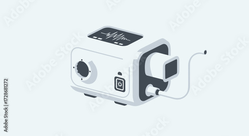 Illustration of a medical device with a screen displaying a waveform, connected by a cable.