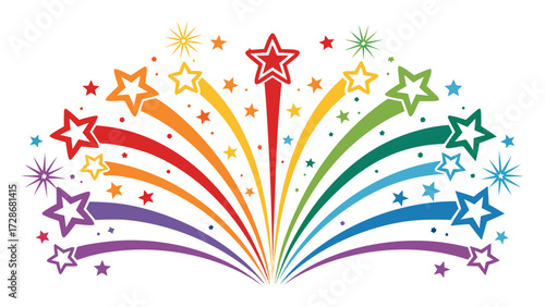 A Vibrant Array Of Rainbow Colored Stars Emanates Upward On A White Background