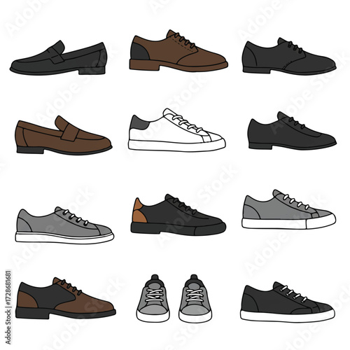 A collection of simple men's shoes is presented as a clean 2D flat vector illustration, showcasing various styles on an uncluttered plain white background.