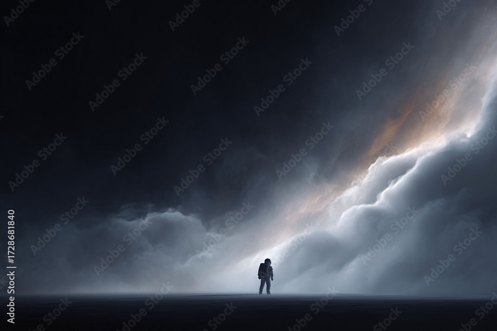 Fototapeta premium Astronaut stands before a celestial storm, a metaphor for challenge, discovery, and the unknown. Inspires exploration, courage, and overcoming obstacles. Dramatic, cinematic style.