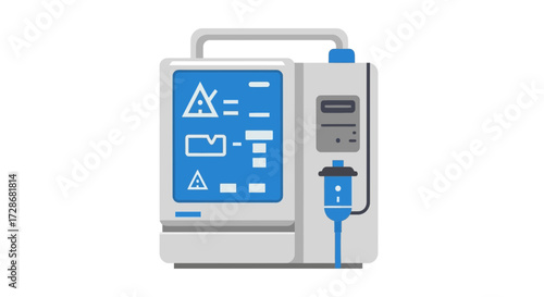 Medical equipment illustration with screen and fluid bag.