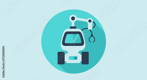 Illustration of a white robot with a robotic arm on a teal background.