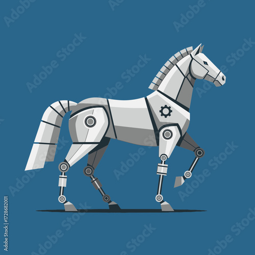 Illustration of a robotic horse with metal body parts and gears on a blue background.