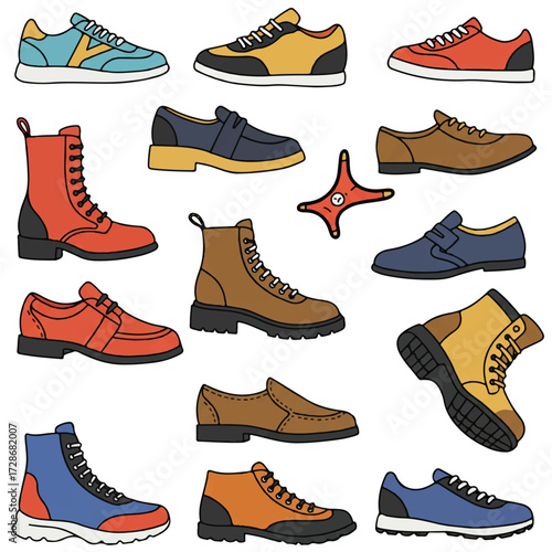 A vibrant collection of stylish men's shoes in various creative designs, rendered as a clean 2D flat vector illustration against a stark white background, emphasizing fashion and personal expression.
