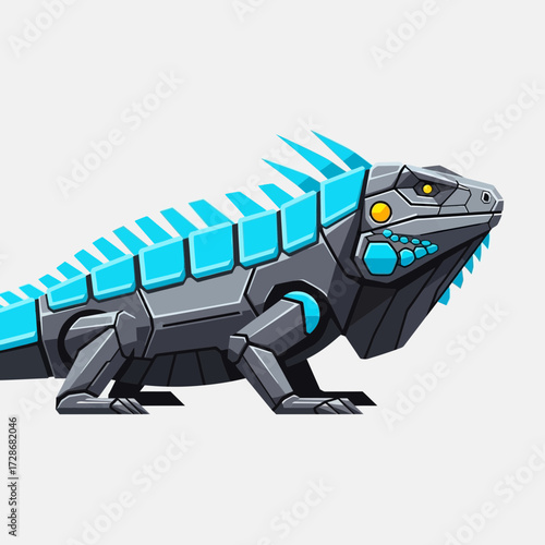 Robotic iguana with blue accents on a white background.