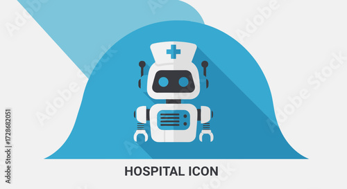 Robot nurse icon with hospital background, flat design.