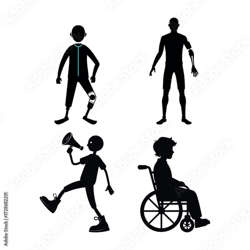 Human silhouettes with prosthetic limbs — inclusive and accessible vector set