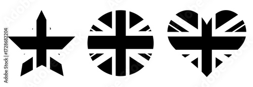United Kingdom flag, UK flag, Great Britain flag, button, heart, round, star, love circle, black and white PNG