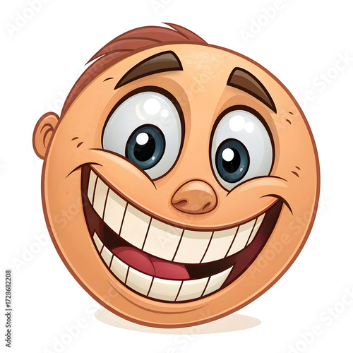 An emoji-style face with a wide grin and visible teeth, isolated on white background, expressing joy, excitement