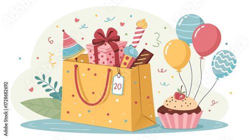 Festive Scene Shows Party Favors Overflowing From A Bag With Balloons And Cake