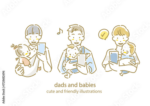 若いお父さんと赤ちゃんのセット　スマホ　手描き水彩風のお洒落な線画イラスト