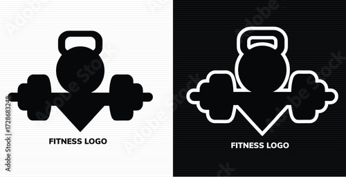 Illustration of fitness logo featuring barbell and kettlebell