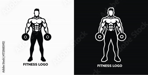 Illustration of muscular man holding dumbbells logo