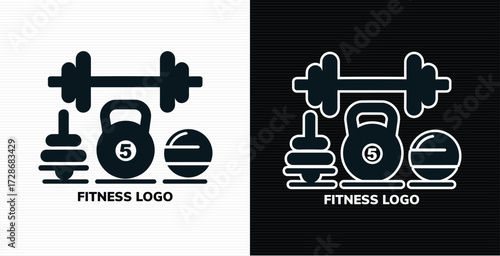 Illustration of fitness logo with dumbbell, kettlebell, and weight plates