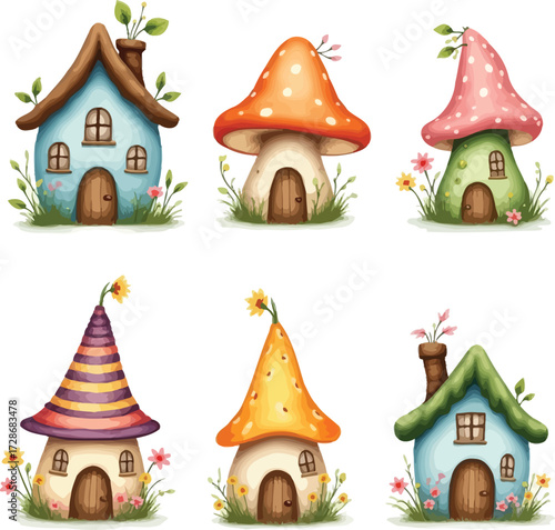Enchanting set of whimsical fantasy mushroom and fairy houses art pack
