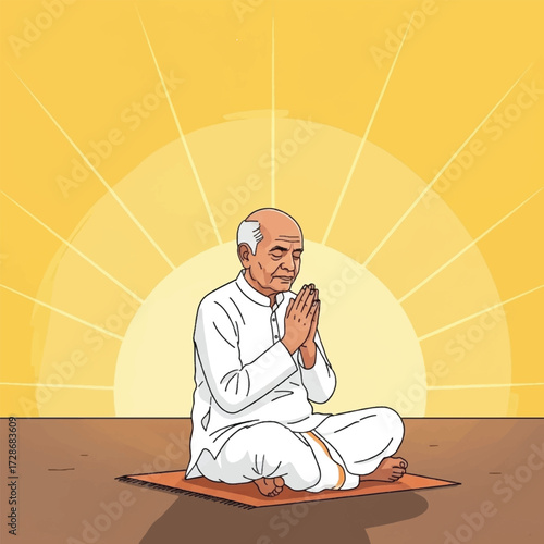 An elderly man in traditional Indian attire meditates with his hands pressed together in prayer against a backdrop of a rising sun.