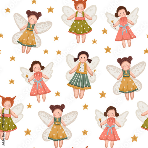 Cute seamless pattern of fairy princess with wings and wand in flat style