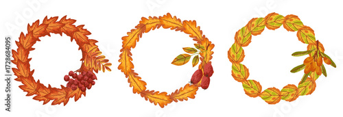 Fall autumn circle frame with orange leaves and forest berry. Cozy wreath in flat style with noise texture