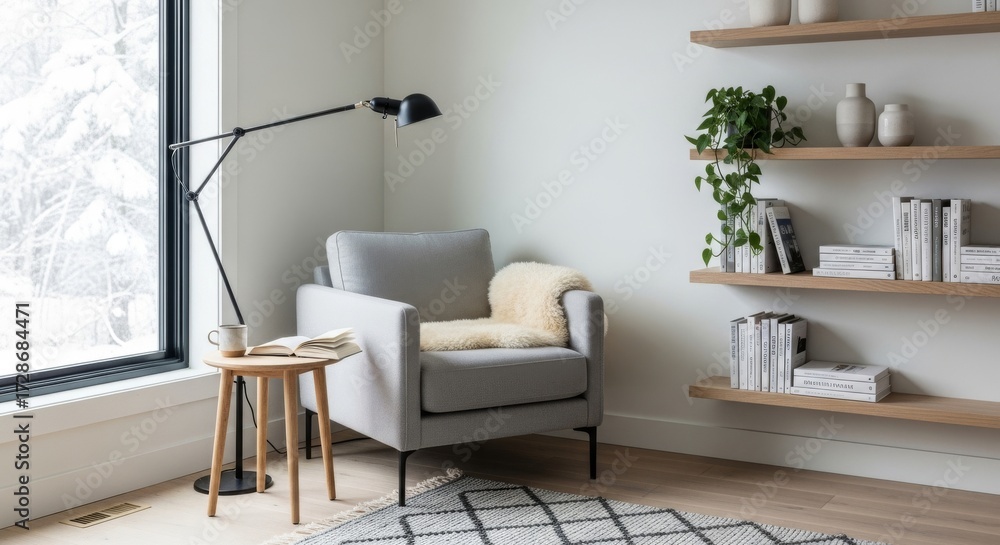 Fototapeta premium Cozy Reading Nook with Armchair and Bookshelf.