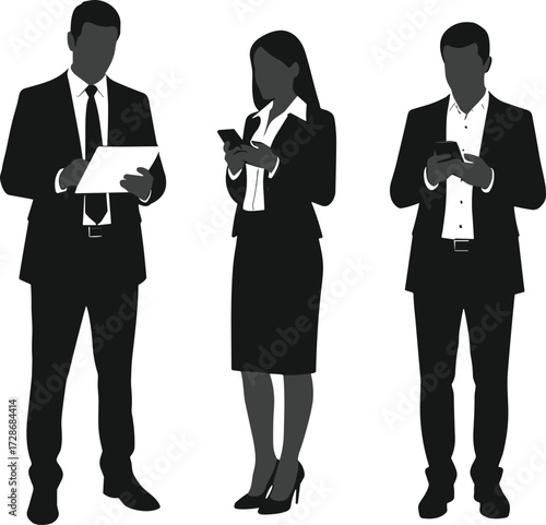 Business professional silhouette vector, modern workplace illustration, smartphone and tablet usage graphic, digital technology theme, black and white design