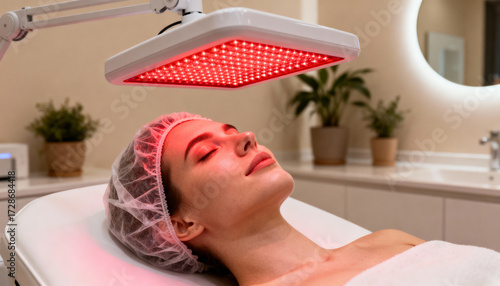 Woman receiving professional red light therapy facial treatment in modern spa wellness center for skin rejuvenation and anti-aging care, relaxation and beauty therapy session