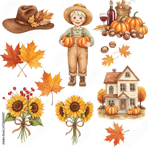 Charming autumn harvest collection featuring scarecrow pumpkins sunflowers and cozy house