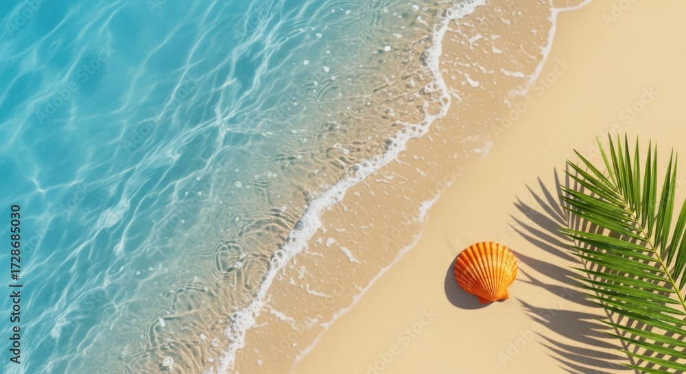 Naklejka premium Tranquil tropical beach scene with crystal clear water gentle waves and palm frond