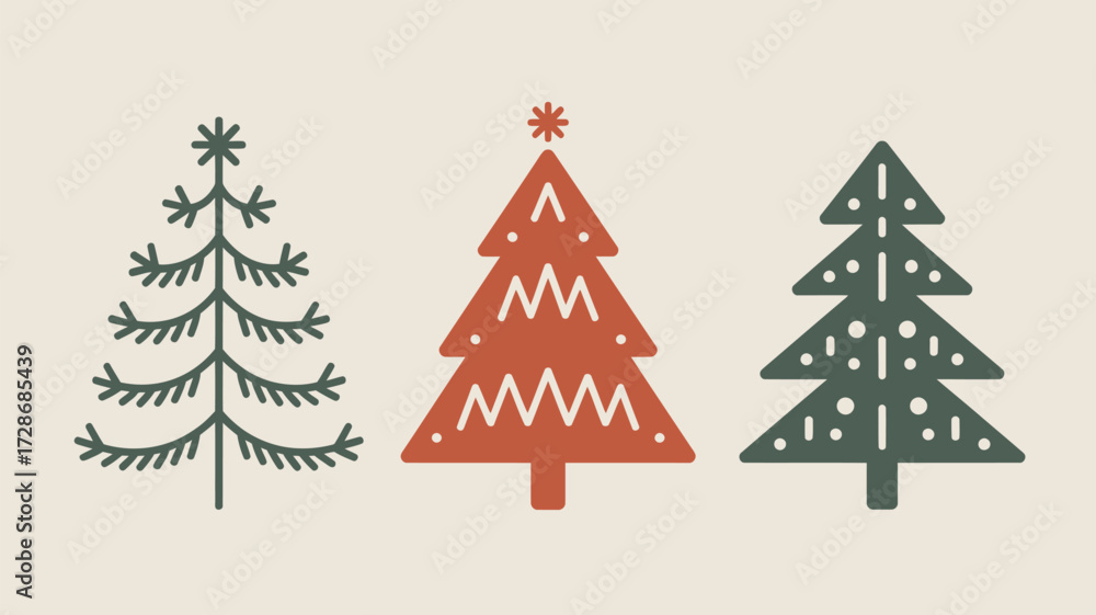 Obraz premium Three stylized christmas trees in green and red on a cream background in a simple graphic design style