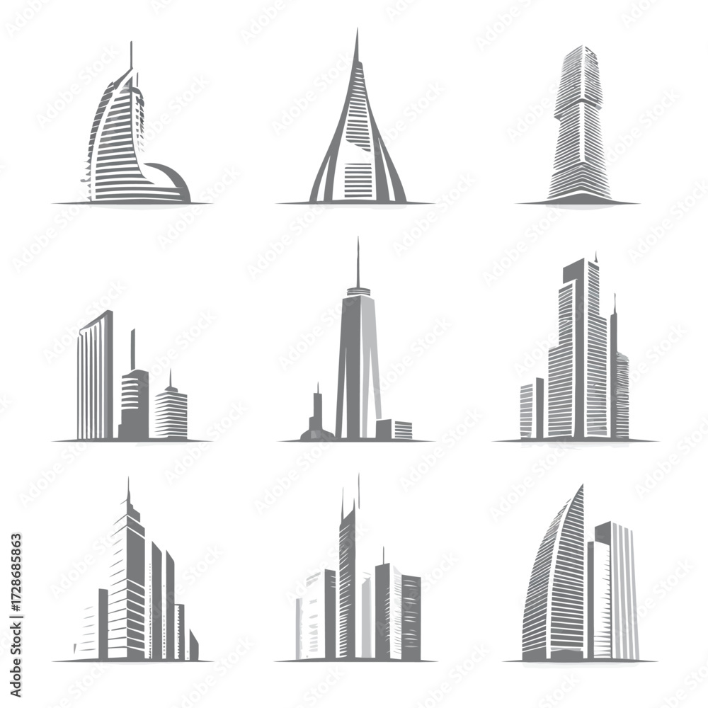 Fototapeta premium Nine monochrome vector architectural illustrations of stylized buildings and skyscrapers