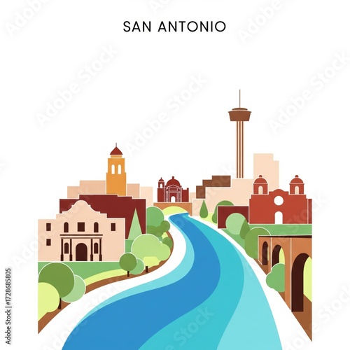 Stylized San Antonio Texas Cityscape with Famous Landmarks.