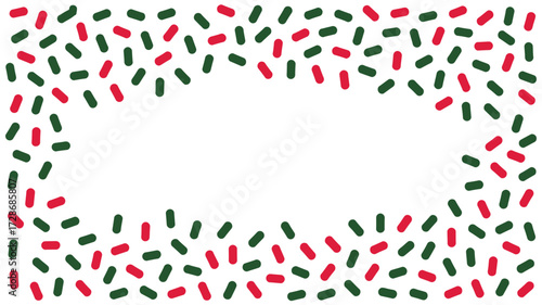 Red and green sprinkles border on white background with a large white space in the center area