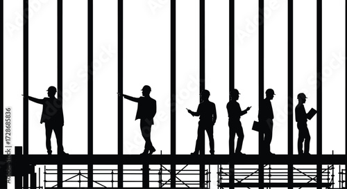 Construction workers on scaffolding vector, silhouette teamwork illustration, building framework graphic, hard hat labor scene, black and white design