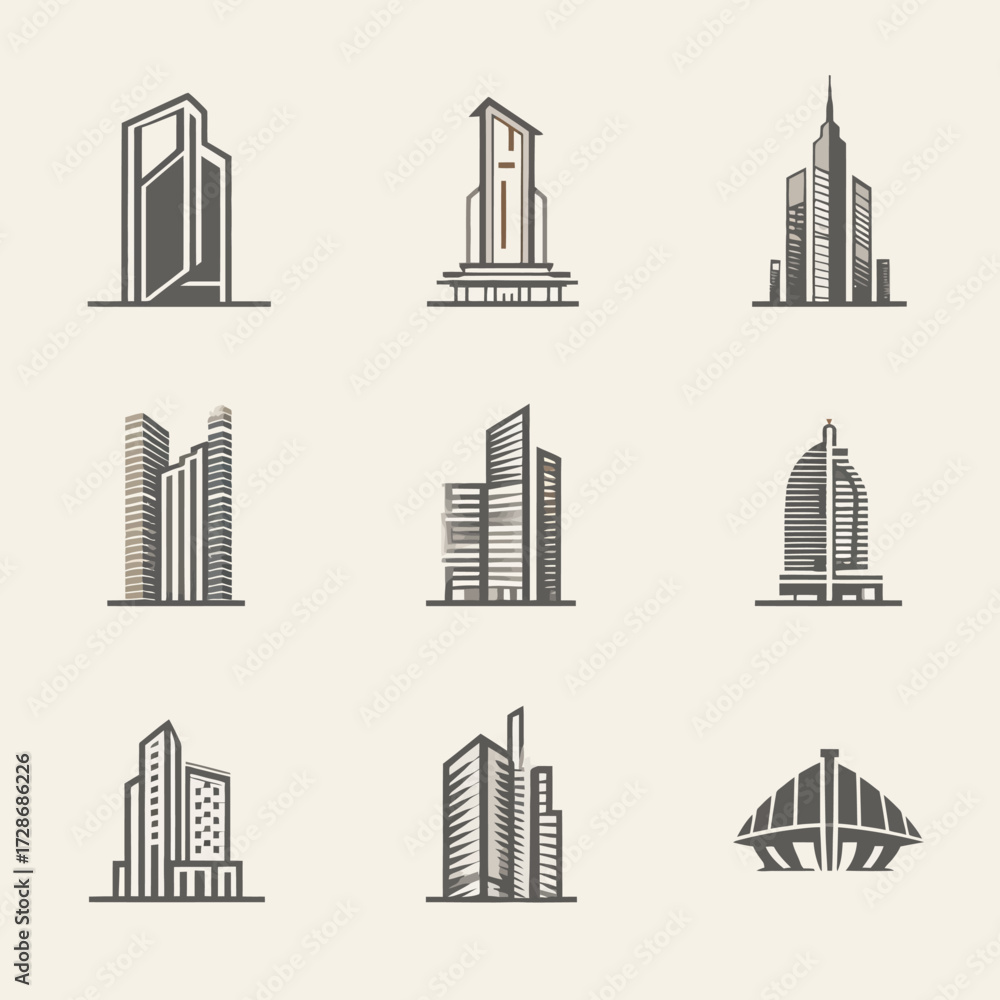Obraz premium Nine minimalist grayscale illustrations of buildings, varying in shape and style, on a neutral backdrop
