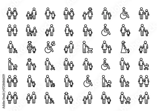 Family icon set in black and white line art style