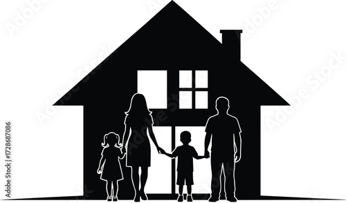 Family silhouette vector illustration, home and unity graphic, domestic stability artwork, parents and children in front of house design