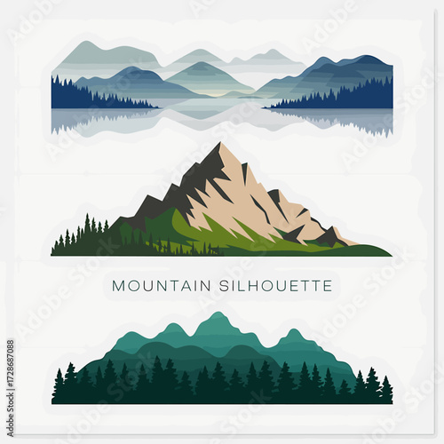 Mountain Silhouette Landscapes Vector Illustration Collection for Outdoor Adventure and Nature Enthusiasts Minimalist Style Mountain Peaks and Forest Scenes