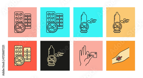 Health and prevention icon set for safe sex and medication