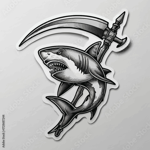 Illustrated sticker of a shark wielding a scythe with an angry expression