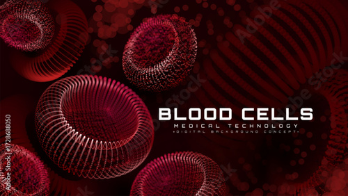 Glow Red Blood Cells in Capillary on Dark Background. Futuristic Medical Technology Hematology Design Concept. Creating animated vector illustrations in 3D style.