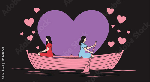 Romantic rowboat couple vector, pink heart-themed illustration, emotional love scene on water, sunset mood graphic, relationship and companionship artwork