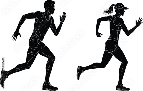 Running couple silhouette vector, athletic fitness illustration, male and female joggers in motion, black and white exercise graphic design

🏅